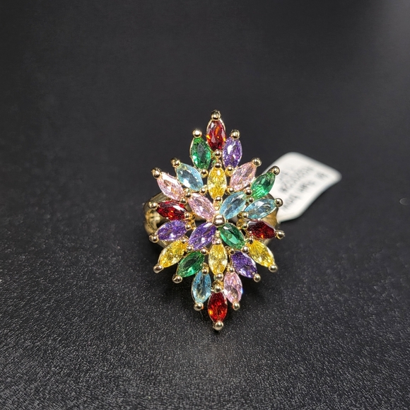Rainbow Marquise Cluster Statement Ring – Gold Plated, Size 6 - Picture 3 of 6